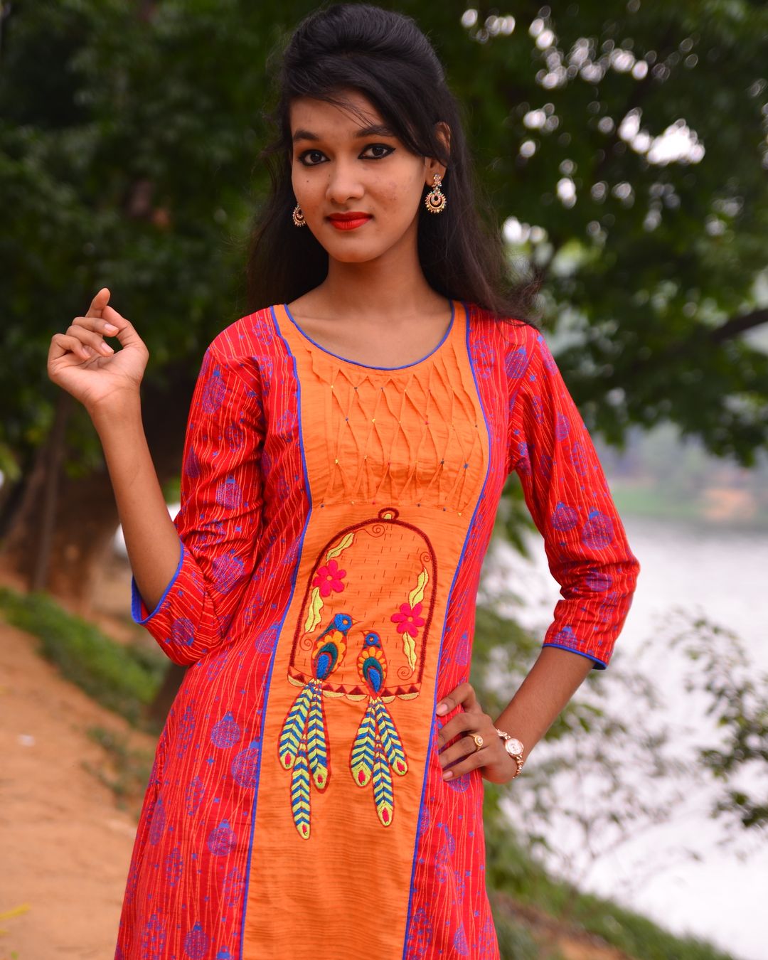 Orange Panel Embroidered Kurti thumbnail 2