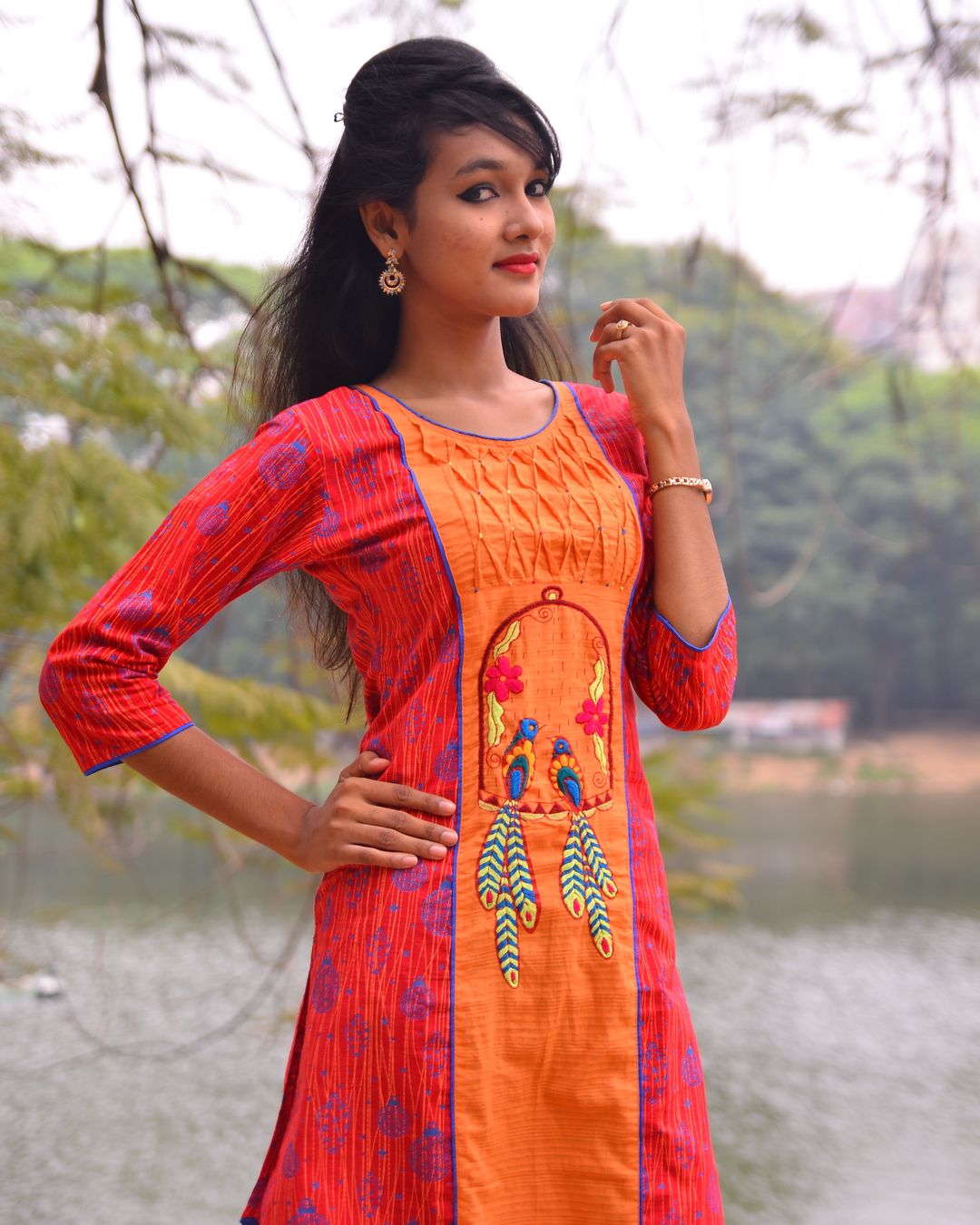 Orange Panel Embroidered Kurti