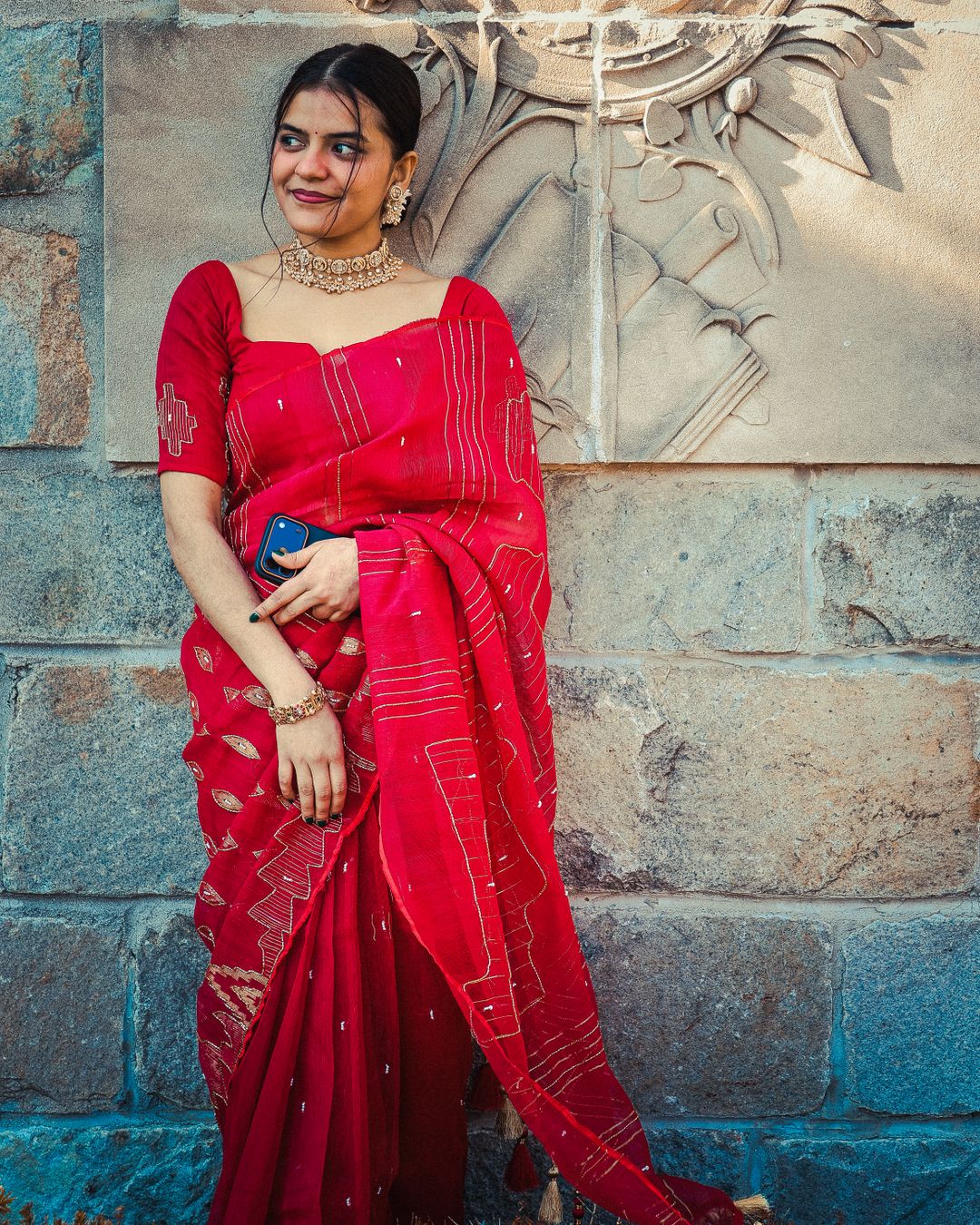 Red Silk Saree with Silver Border thumbnail 2